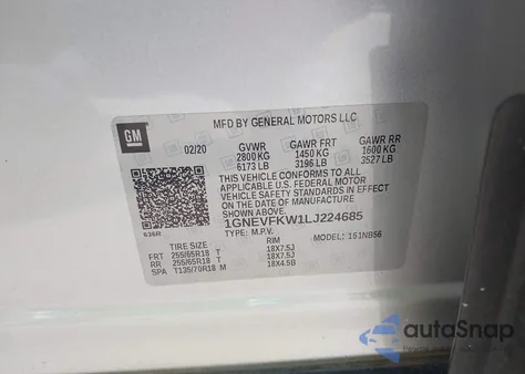 2020 Chevrolet Traverse Awd Ls из США, поврежденный, VIN 1GNEVFKW1LJ224685